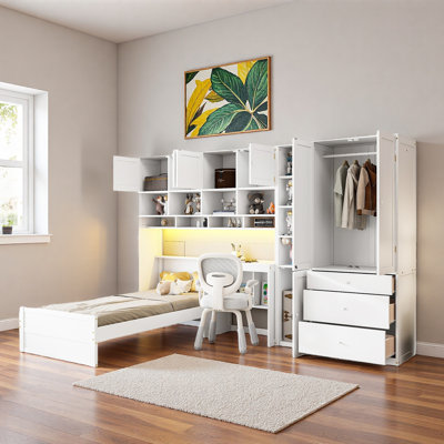 Multifunctional Platform Bed With Desk, Led Light Strip, Wardrobe, Cabinets, 3 Drawers And Storage Shelves