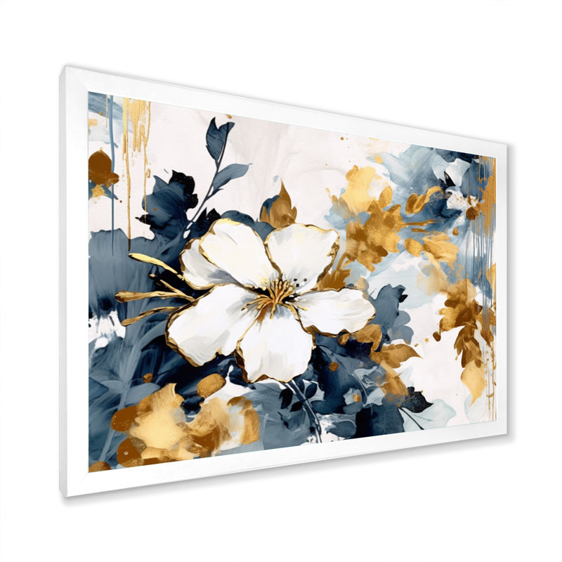 Harmonie d'hibiscus bleu et blanc - art mural floral grand, Cadre photo blanc, H 30 po x l 40 po x P 1 po