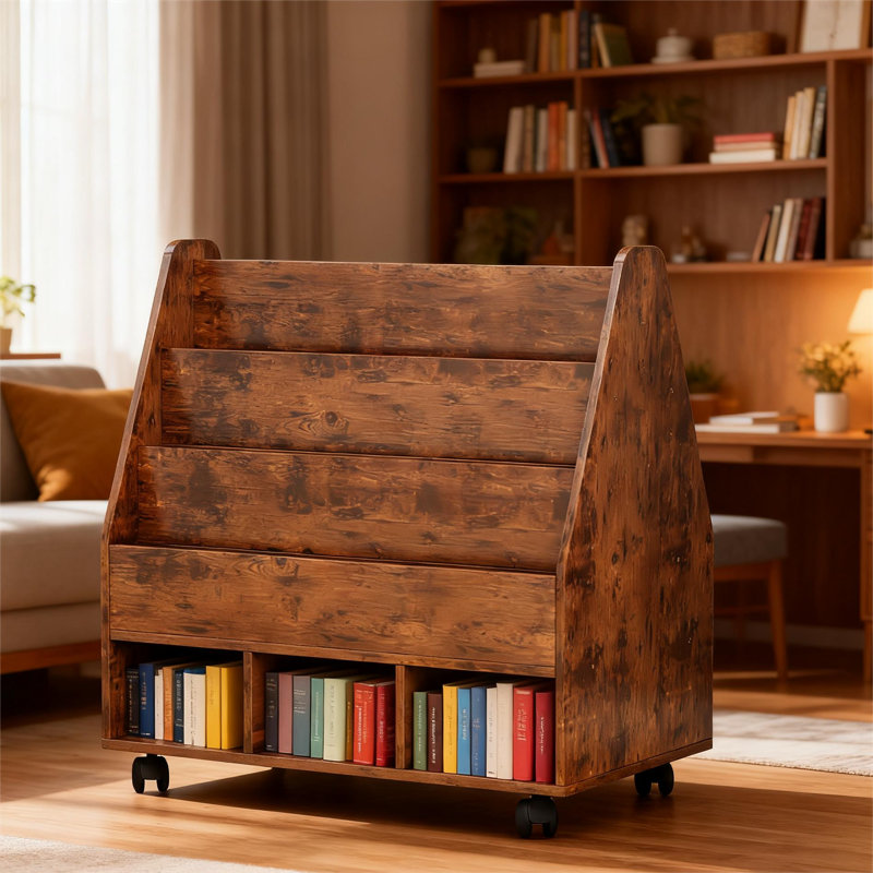 Double Sided Mobile Bookcase Display Stand,4 Tier Wood Open Book Shelf Magazine Bookshelf,Retro, Black