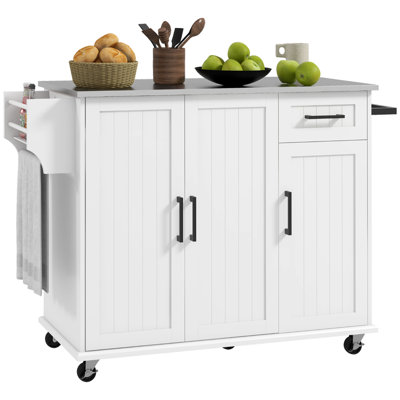Kitchen Island With Storage, Rolling Kitchen Island On Wheels With Drawer, 3 Cabinets, Stainless Steel Countertop, Spice Rack And Towel Rack