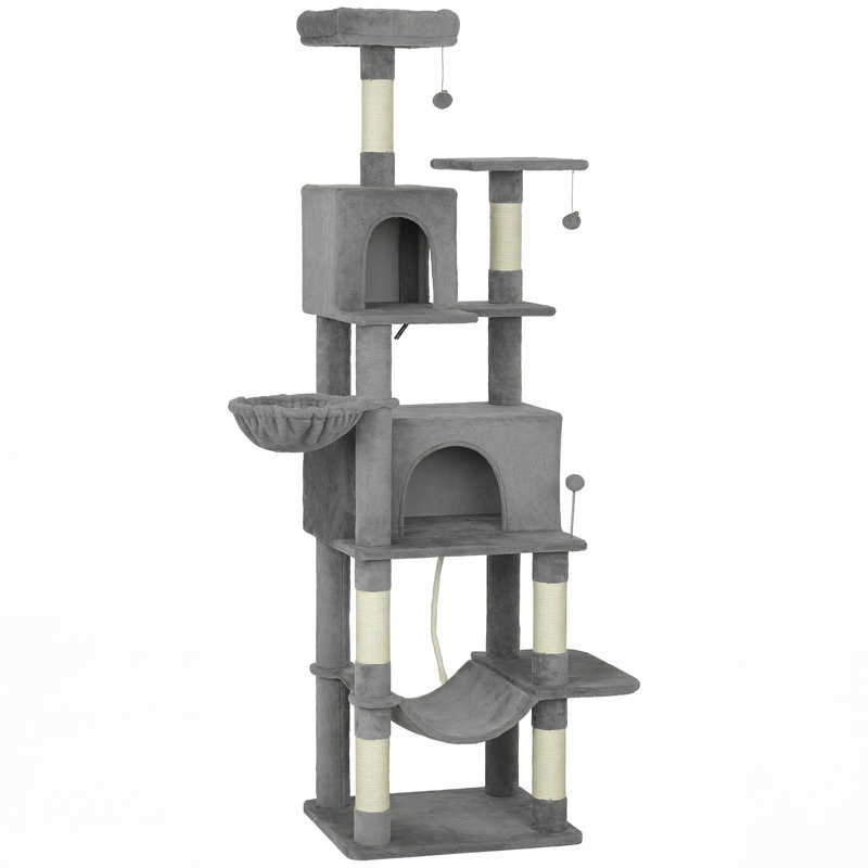 Arbre à chat gris foncé à plusieurs niveaux pour chats d'intérieur, avec poteaux à griffer en sisal, hamac, perchoirs et balles suspendues, véritable maison de jeux et de repos pour chats