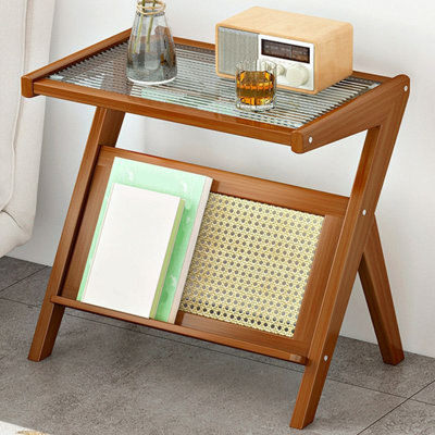 Table d'appoint en bois massif avec plateau en verre transparent et porte-revues en rotin - Table de bout pour le salon et la chambre à coucher