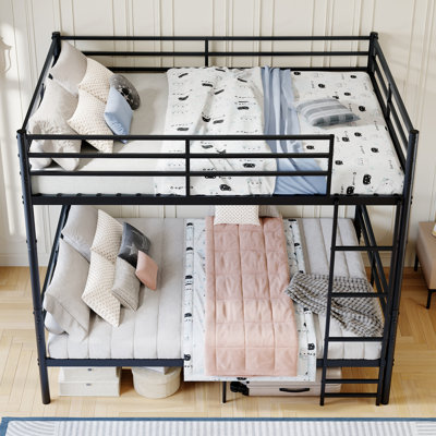 Lit superposé en métal, lit double standard, avec échelle et barrière de sécurité haute, 19 lattes, capacité de charge d'un seul lit supérieure à 300 kg, séparable en deux lits doubles, espace de rangement sous le lit