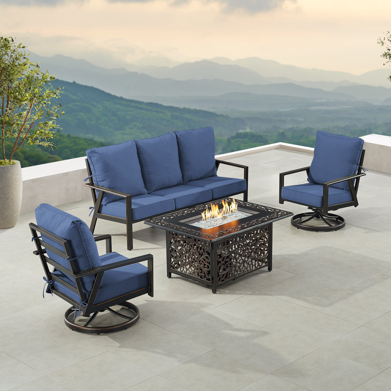 Ensemble de table de foyer en aluminium noir avec canapé et deux fauteuils club, Bleu