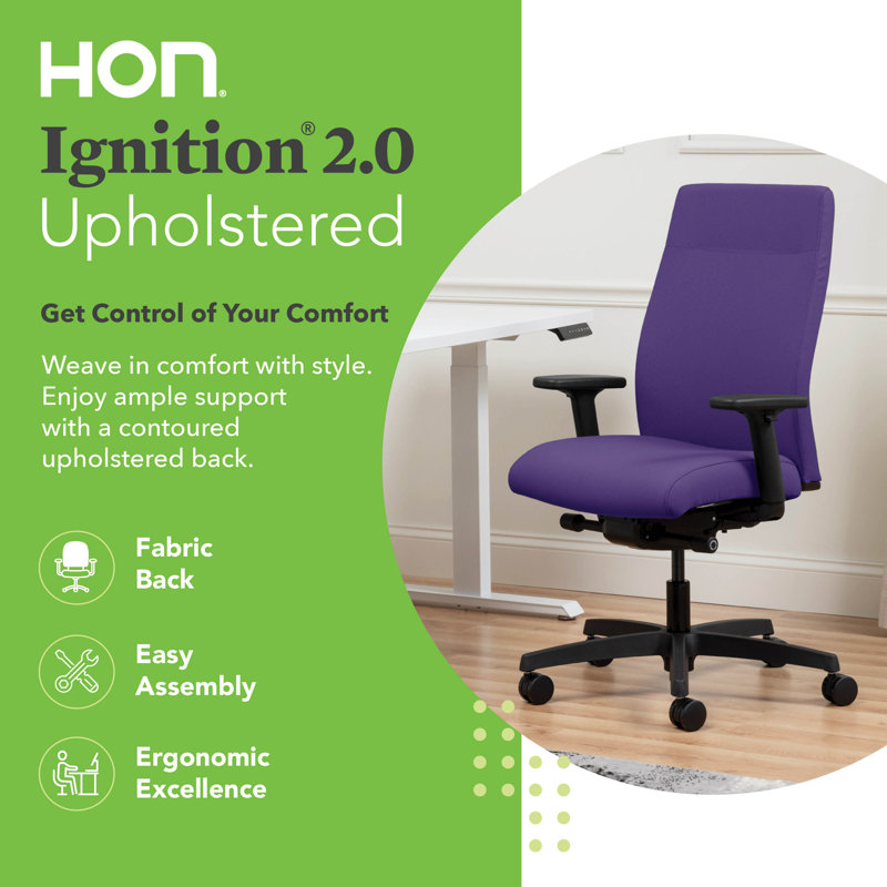 Chaise de bureau ergonomique en tissu HON Ignition 2.0, inclinaison avancée, structure noire, iris, Iris, Inclinaison avancée
