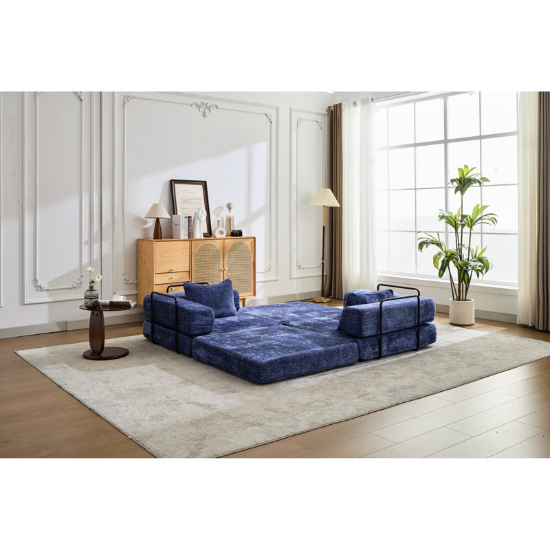Lit de sol à compression à 2 places bleu foncé, convertible avec structure de forme fixe, tissu chenille, aucun assemblage requis pour les zones de lecture en tissu des dortoirs