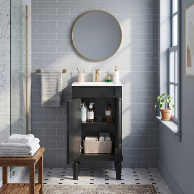 Meuble-lavabo de 18 po de style français avec lavabo en céramique, charnières à fermeture douce et tablette de rangement réglable pour les petites salles de bain