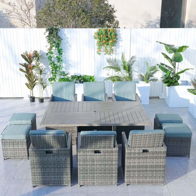 Jarhia 10 - Person Wicker Patio Dining Set with Rectangular Table , Cushions Included, Gray, Celadon