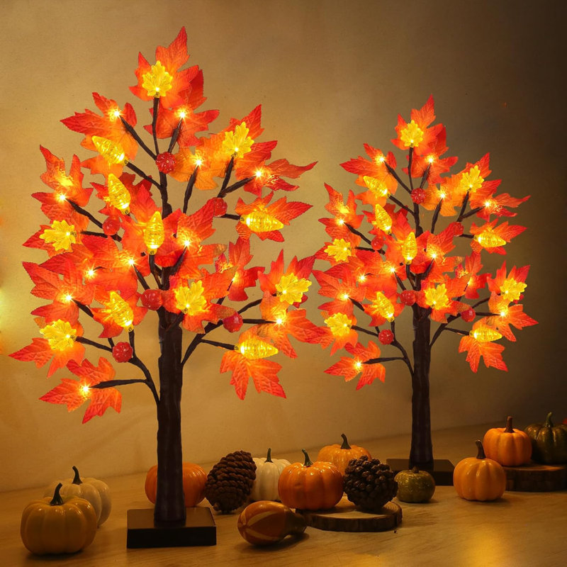 2 Pack 24 Inch Prelit Fall Maple Tree Thanksgiving Decorations With 48 LED Lights