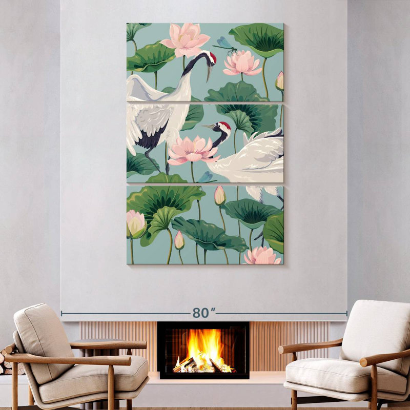 Brampt Cranes And Lotuses, 74" H x 48" W