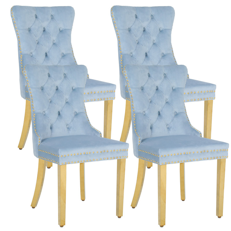 Upholstered Dining Chairs.Tufted Back Design With Stainless Steel Leg, 4, Gold, Blue