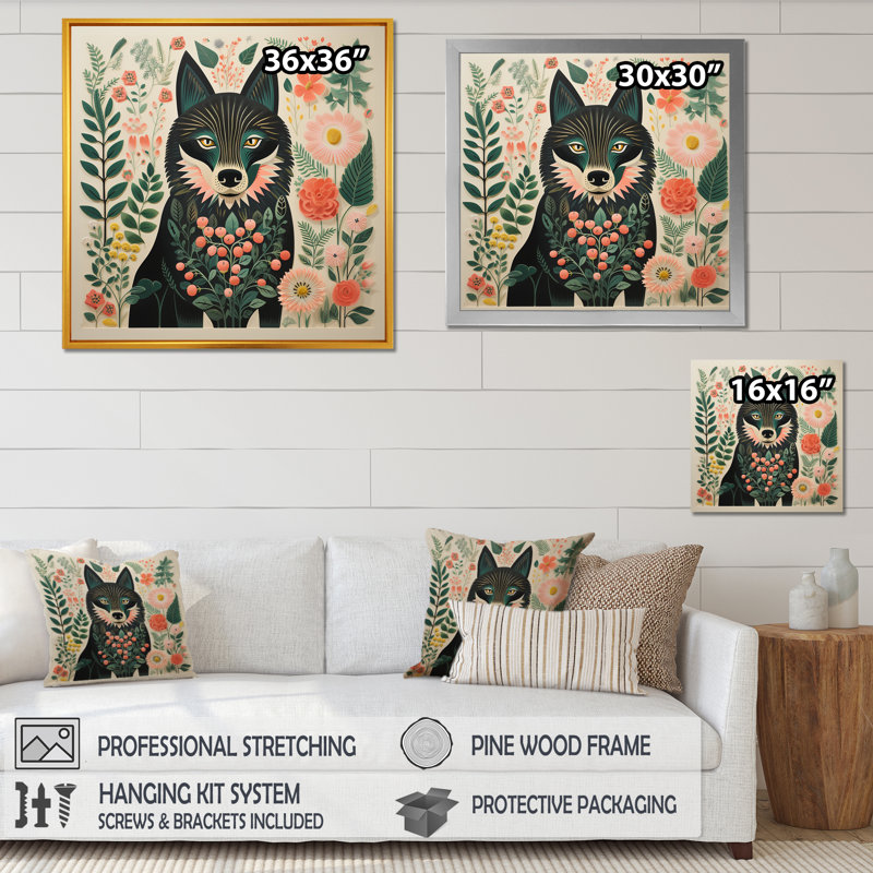 Rose et vert Boho Portrait I - loup, art mural, Cadre simple argenté, H 30 po x l 30 po x P 1,5 po