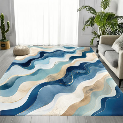 Tapis abstrait à vagues abstraites, motif artistique fluide or bleu, tapis antidérapant lavable à la machine, décoration intérieure moderne pour le salon, la chambre à coucher, le vestibule, le balcon, appartement