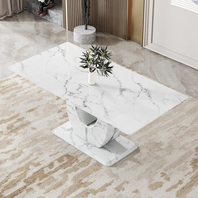 71" Marble-Look Tempered Glass Dining Table With Modern U-Shape Base