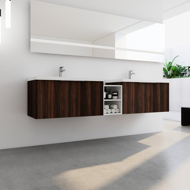 Meuble-lavabo moderne 84 po avec comptoir en résine et espace de rangement pratique 84 po, construction, Noyer de Californie