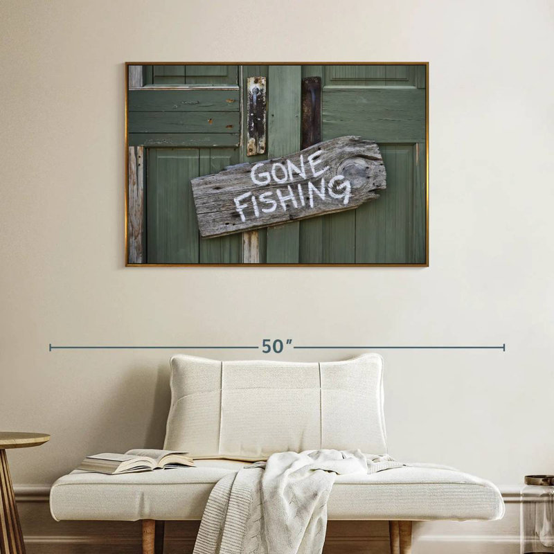 Panneau de pêche rustique, Cadre flottant doré, 40 po x 27 po