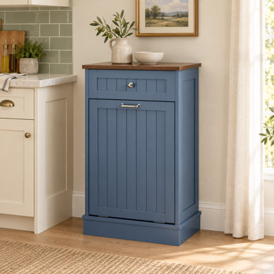 Meuble de poubelle basculant de style champêtre avec tiroir de rangement, en bois, d'une capacité de 38 litres (10 gallons), idéal pour la cuisine et la buanderie - Bleu/Une porte