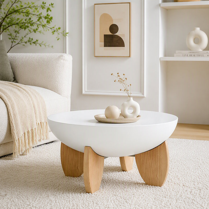 Table basse ronde moderne de 76 cm (30 po), table basse en forme de bol avec pattes en bois massif, plateau lisse peint, montage facile, style milieu du siècle