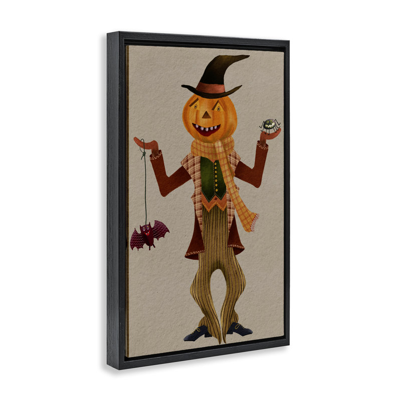 Toile flottante d'Halloween, épouvantail et chauve-souris encadrée par Regina Moore, H 25 po x l 17 po