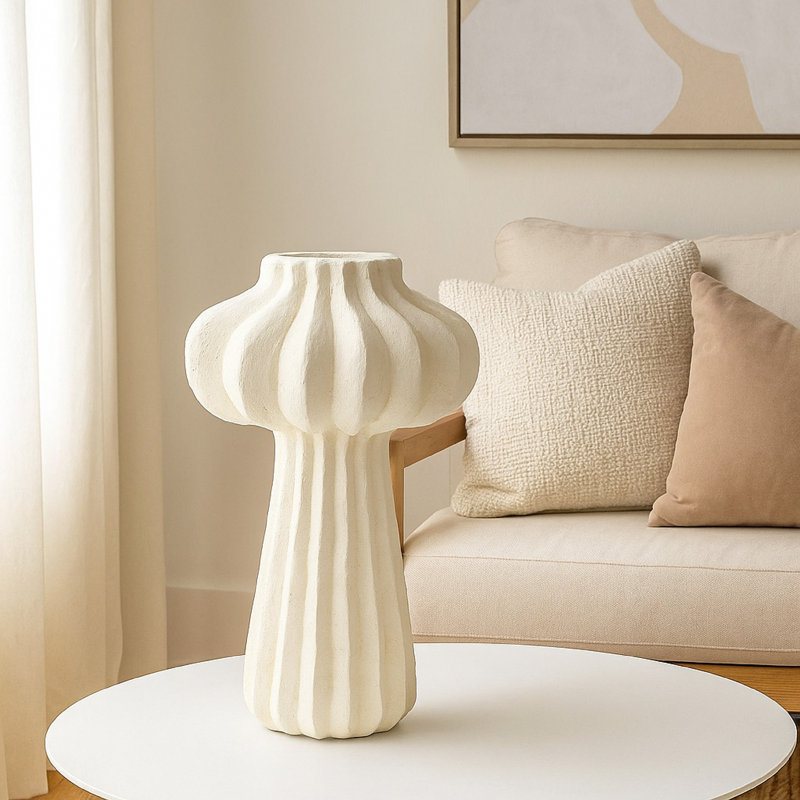 Samo Decorative Vase, Textured Body Bulb Accent,  White Resin, 18" H x 10" W x 10" D