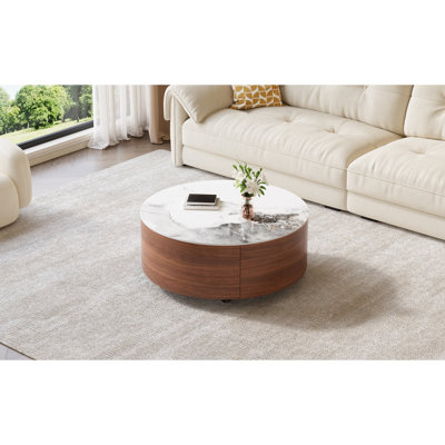 Table basse ronde grise mobile 29,5 po, 2 tiroirs, plateau en pierre frittée à motif de marbre avec roulettes
