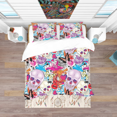 Pattern with Hearts, Skulls & Flowers - Eclectic Floral Duvet Cover Set - Microfiber Polyester