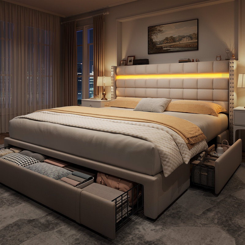 Upholstered Bed Frame With Adjustable Headboard,platform Storage Bed With 3 Drawers And Led Light, Queen, Beige