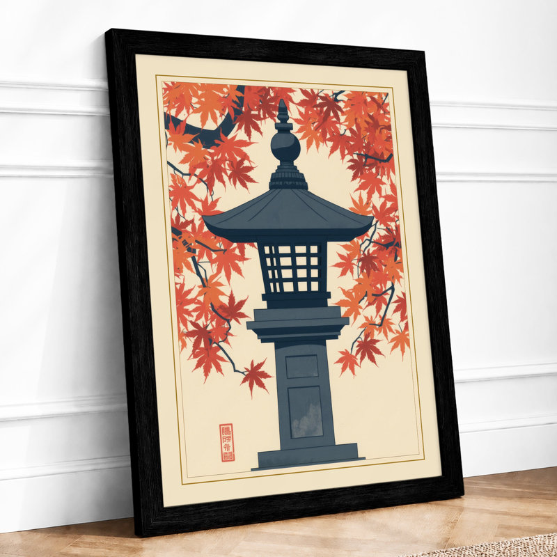 Autumn Stone Lantern Japandi - Framed Print, A3 - 42.0 x 29.7 cm, Black