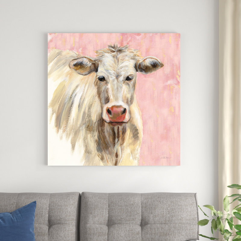 Vache blanche sur fond rose, H 36 po x l 36 po x P 1,25 po