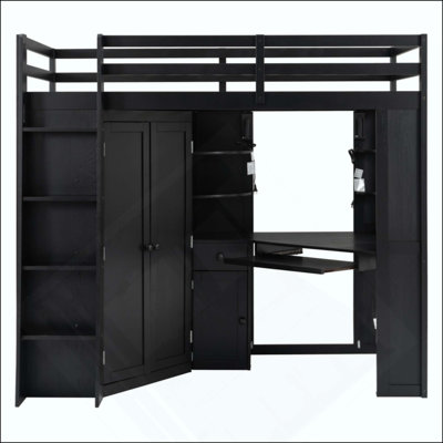 Loft Bed With Integrated Large Wardrobe And Desk, All-In-One Space-Saving High Bed With Pull-Out Keyboard Tray, Charging Station And Dual Metal