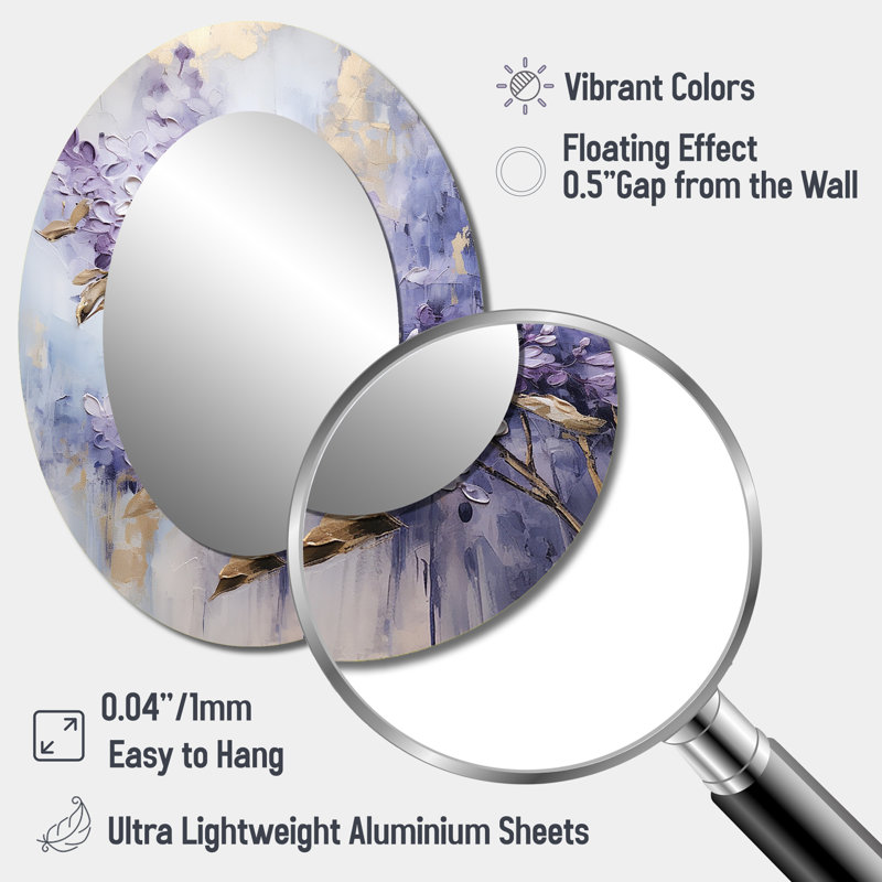 Purple And Gold Pastel Lilac Dreams I - Floral Oval Decorative Mirror On Metal, 40" x 30"