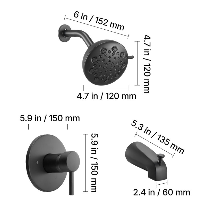 Tub and Shower Faucet Set, Complete with 4.7-Inch Rainfall Shower Head and Bathtub Spout, 9-Setting Adjustable Spray, Single-Handle Tub Trim Kit with Brass Pressure Balancing Valve, Matte Black