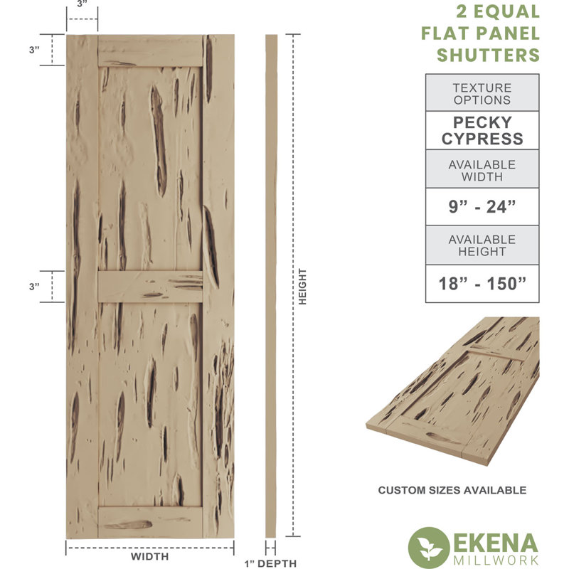 Rustic Two Equal Panel Flat Panel Faux Wood Shutters (Per Pair), Pecky Cypress Texture/Primed Tan, 12", 42"