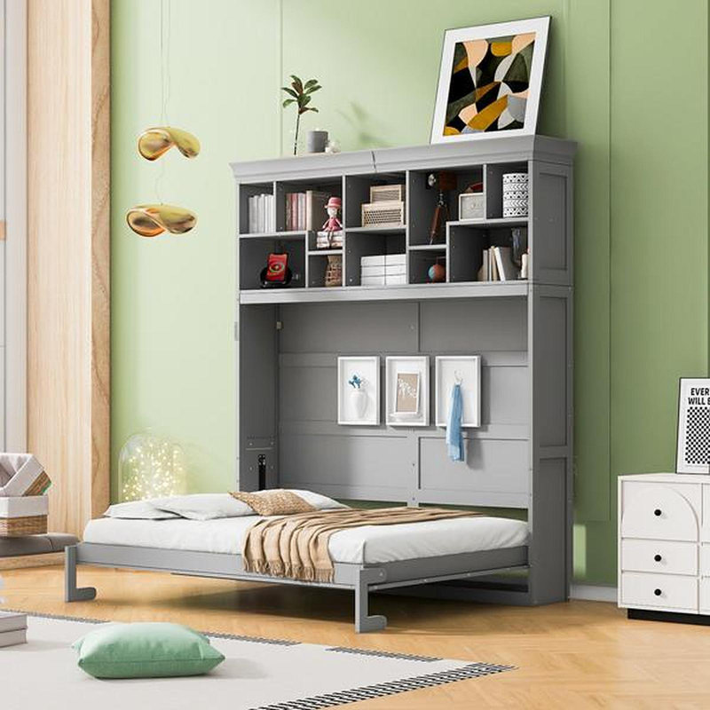 Grand lit escamotable mural avec tablettes supérieures et USB