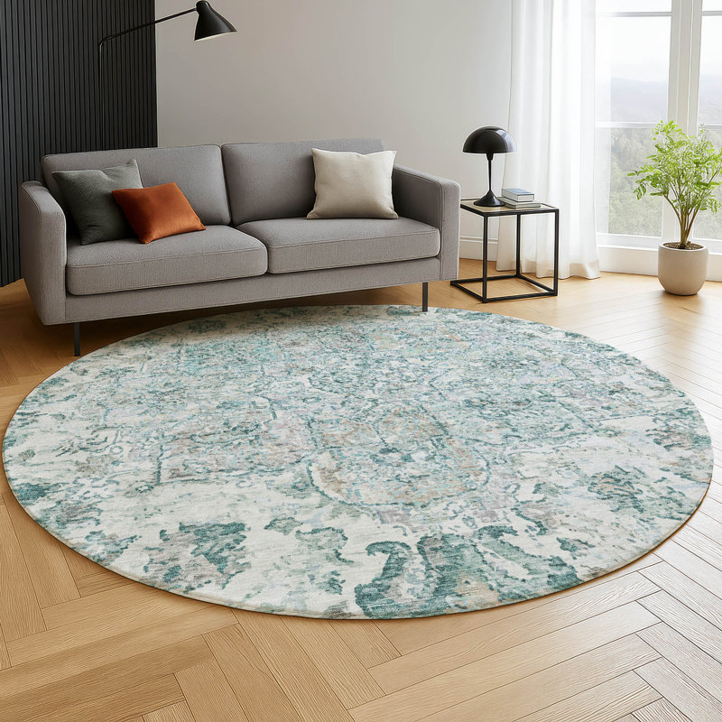 Premium Machine Washable Mayfield AMF2138 global Rug, Teal, 8' Round