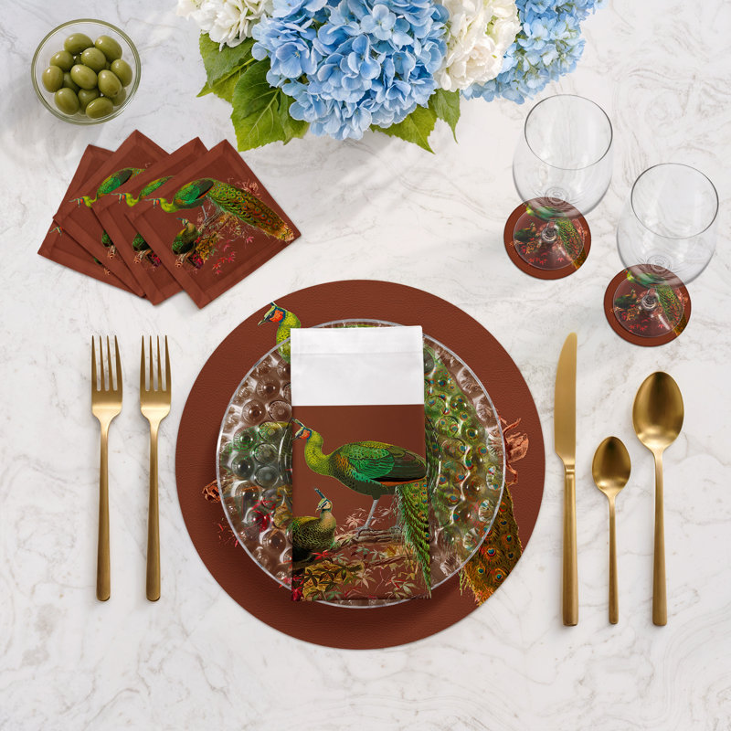 Family Pheasants Cotton Sateen Cocktail Napkins, Rust