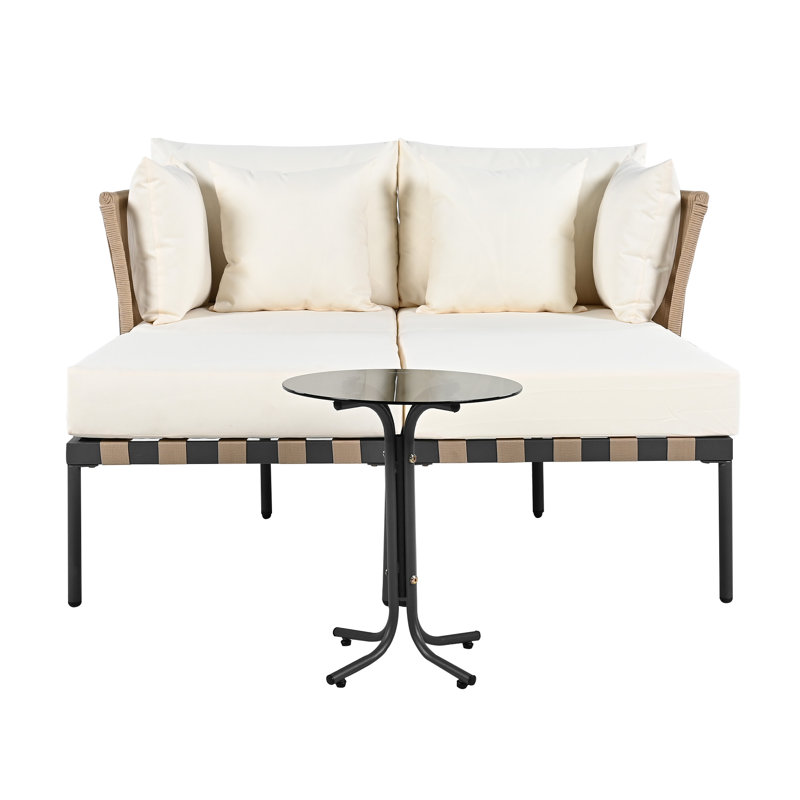144cm Long Double Chaise with Cushions and Table, Beige