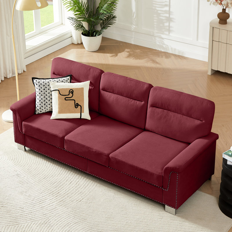 82 pouces 3 pouces bourgogne avec accoudoirs roulés, sièges confortables, design spacieux de 82 po, rivets classiques, molleton doux pour un usage familial