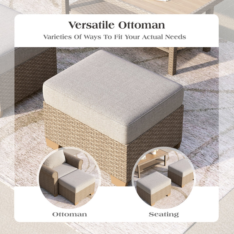 7-Person Outdoor Patio Rattan Sofa With Ottoman, Beige