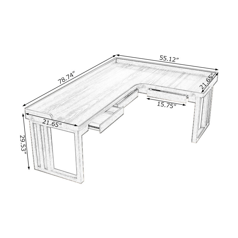 Bureau en bois massif brun en forme de L avec 3 tiroirs, H 29,53 po x l 78,74 po x P 55,12 po, Orienté à droite