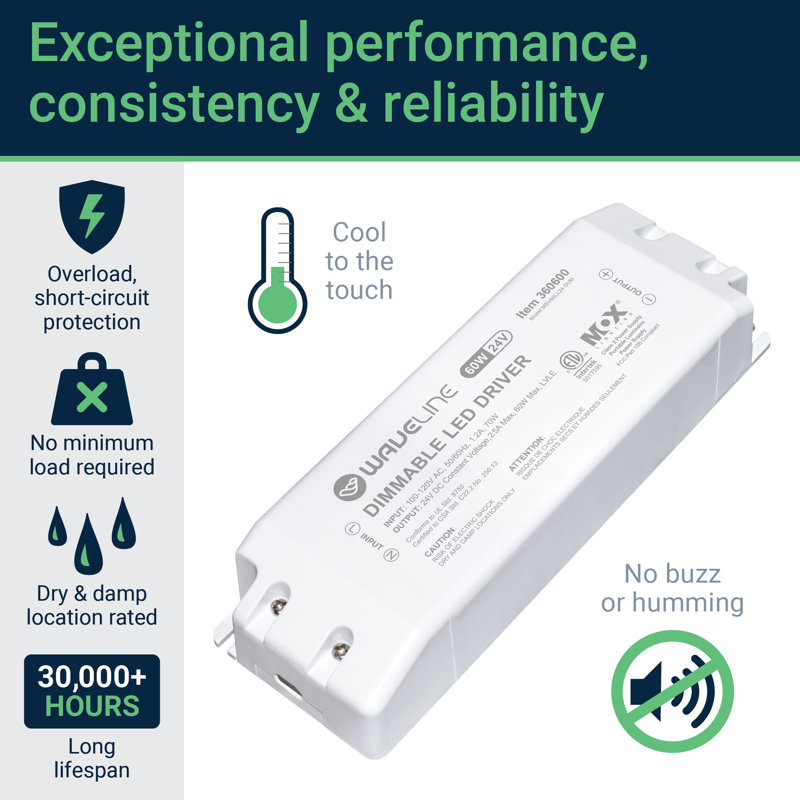 WaveLine 24V Dimmable LED Driver Power Supply for TRIAC Dimming - 60W, 60