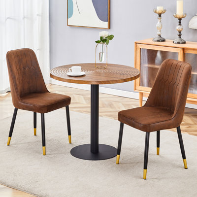 Table And Chair Set.31.5 Inch Dark Wood Grain Round Dining Table - Suction Moulding Annular Texture.Paired With   Brown Technology-Fabric Material Dining Chairs.Suitable For Kitchen,Dining Room,Etc.