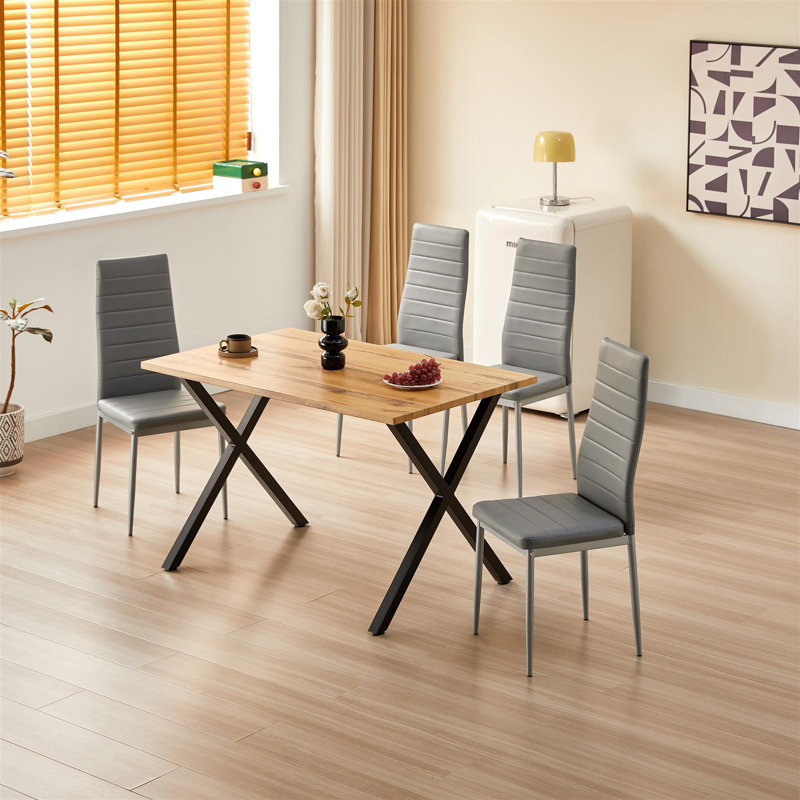 Wooden Dining Table With Metal Legs and 4 Faux Leather Chairs, Grey