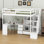 Lit mezzanine simple avec armoire et escalier de rangement, structure de lit mezzanine en bois avec bureau en L et tiroirs