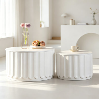 Modern Minimalist Round Nesting Coffee Table Set of 2, with flip-top Hidden Storage Function Center Table, Detachable Side Table for Living Room, Bedroom & Office, White