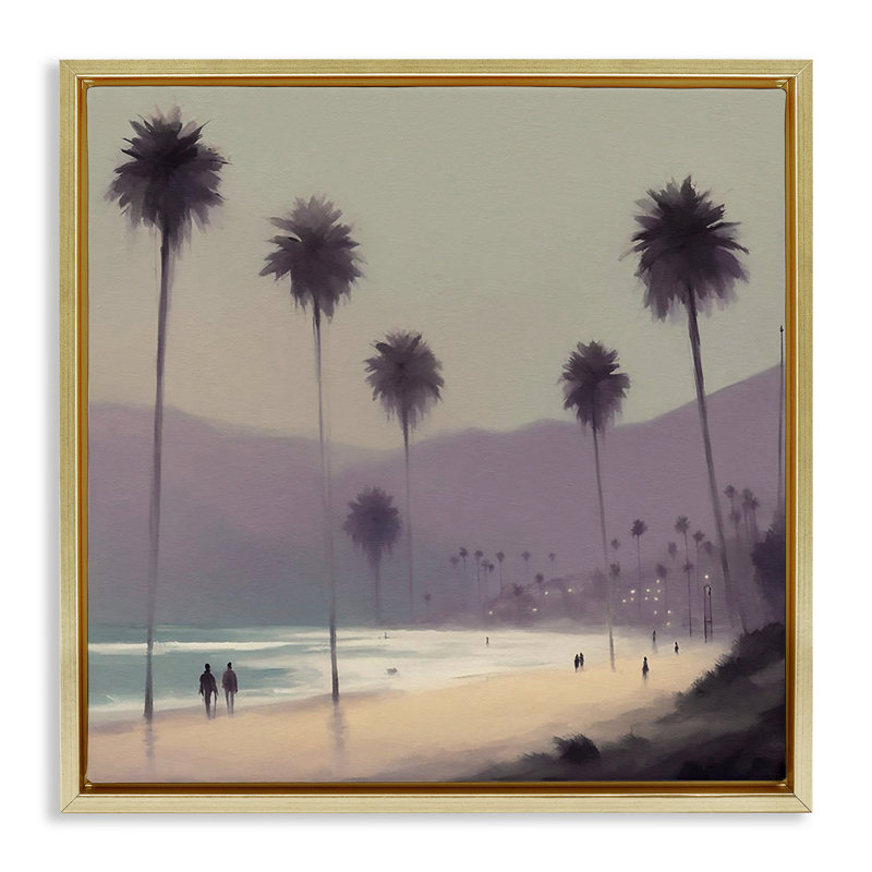 "Looming Palms Beach", art mural sur toile flottante par Noah Bay, Cadre flottant métallique doré, H 18 po x l 18 po