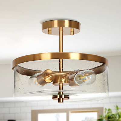 Satin Brass 2-Light Semi-Flush Mount with Seeded Glass Shade