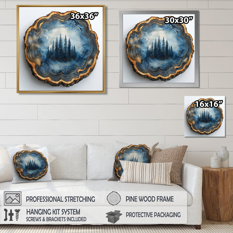 Forêt bleue de Gerzon, glissade sur bois, collage I - art mural forêt, H 16 po x l 16 po, Doré