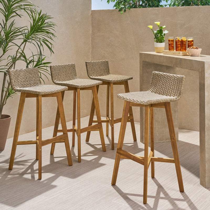 Oxendine Outdoor 30.75'' Bar Stool, Teak Frame / Light Brown Cushion