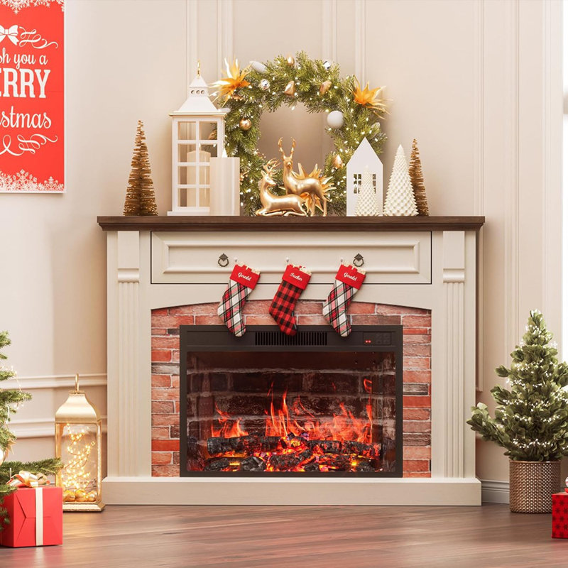 Corner TV Stand, White – Electric Fireplace With Wooden Mantel, Remote Control, Adjustable Flame Brightness, And Efficient Heating Entertainment Center